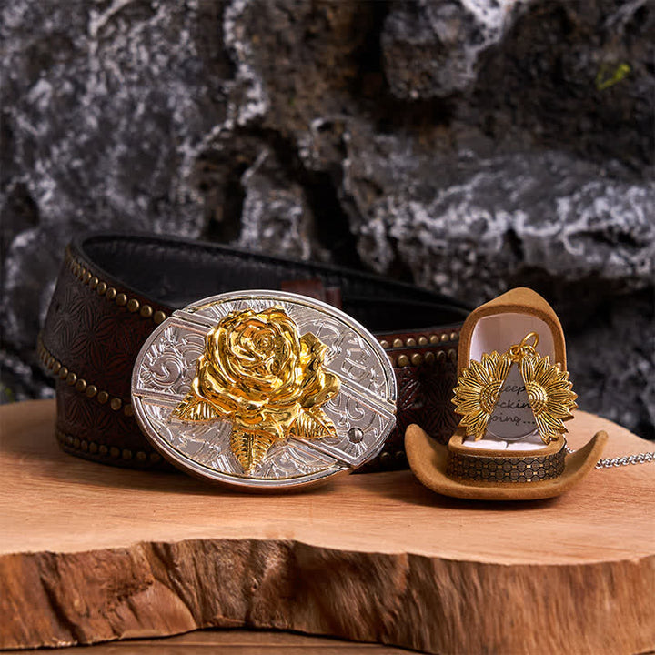 Set di collana con girasole e fibbia per cintura con coltello nascosto a forma di rosa, fai da te, in oro e argento