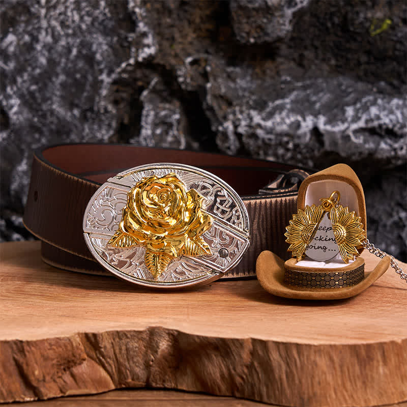 Set di collana con girasole e fibbia per cintura con coltello nascosto a forma di rosa, fai da te, in oro e argento
