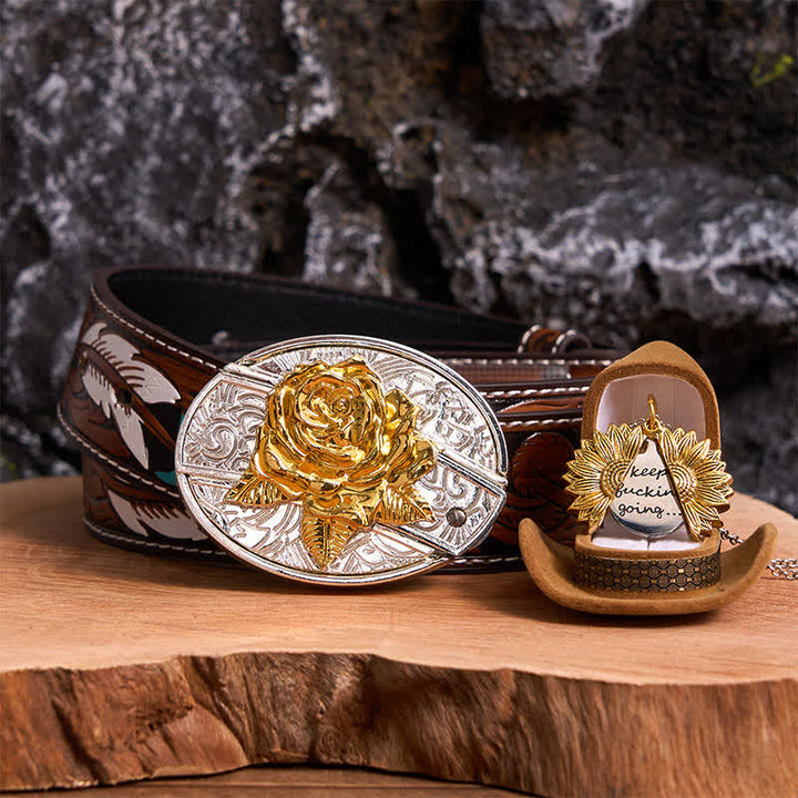 Set di collana con girasole e fibbia per cintura con coltello nascosto a forma di rosa, fai da te, in oro e argento