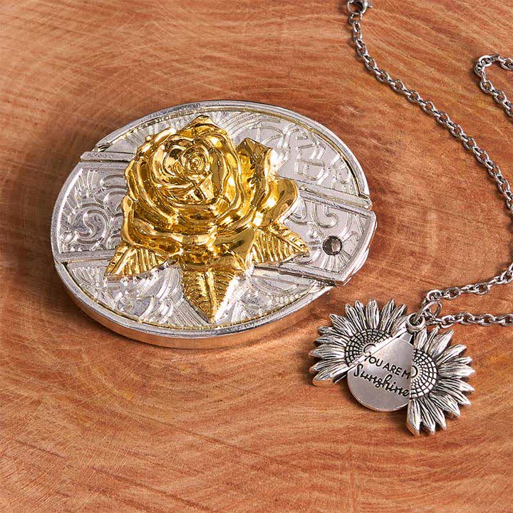 Set di collana con girasole e fibbia per cintura con coltello nascosto a forma di rosa, fai da te, in oro e argento