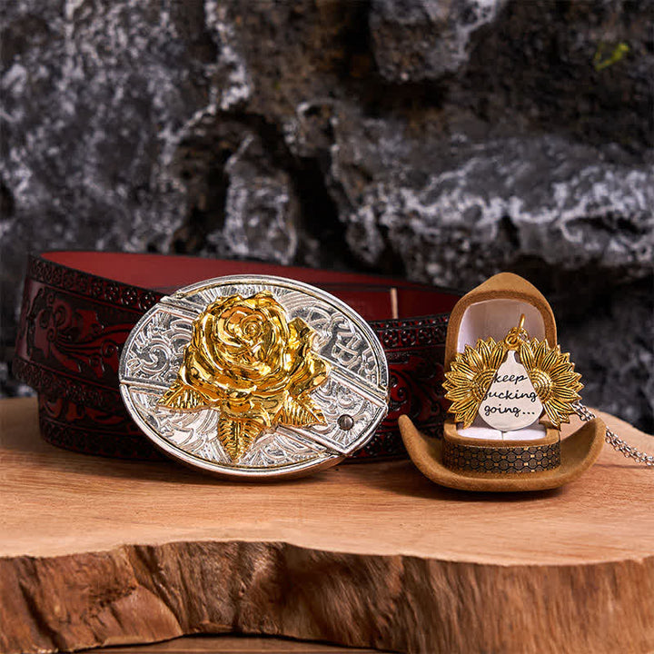 Set di collana con girasole e fibbia per cintura con coltello nascosto a forma di rosa, fai da te, in oro e argento