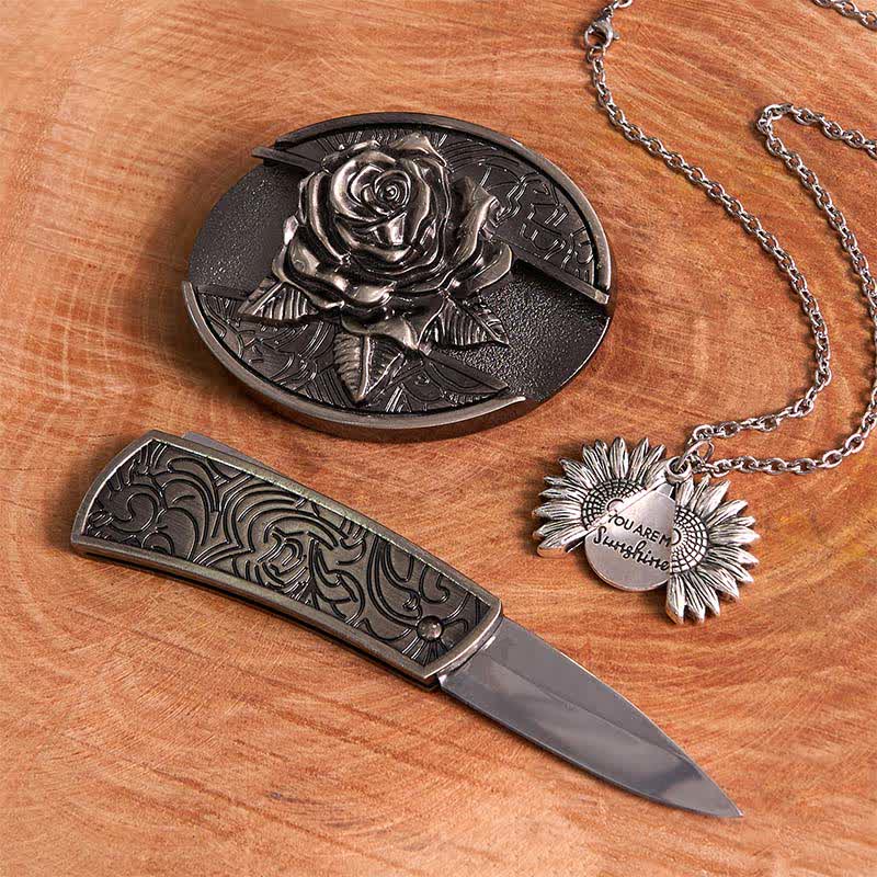 Set di collana con girasole e fibbia per cintura con coltello nascosto in argento fai da te e rosa