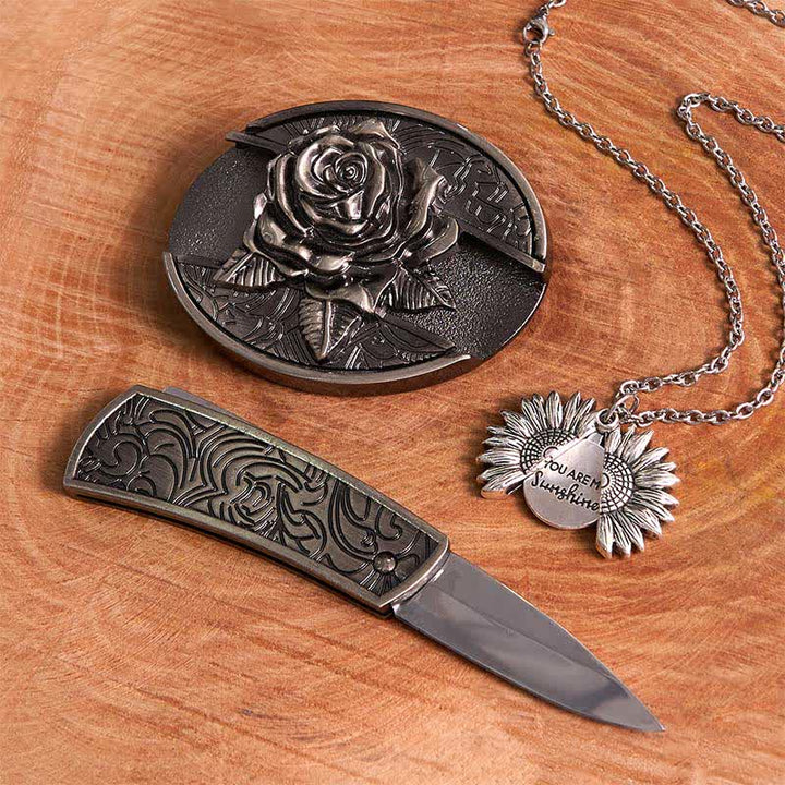 Set di collana con girasole e fibbia per cintura con coltello nascosto in argento fai da te e rosa