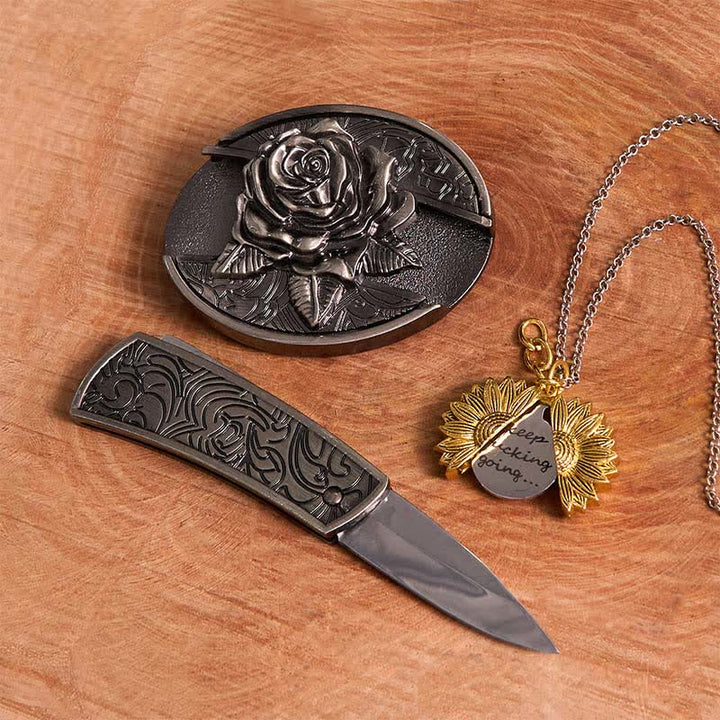 Set di collana con girasole e fibbia per cintura con coltello nascosto in argento fai da te e rosa