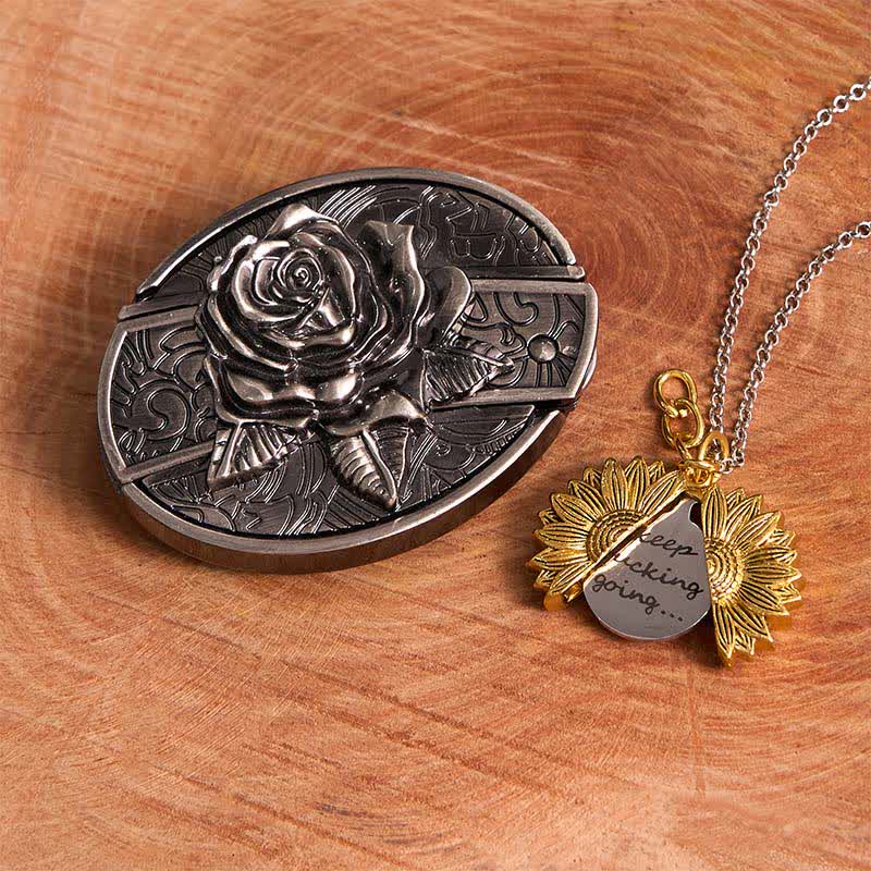 Set di collana con girasole e fibbia per cintura con coltello nascosto in argento fai da te e rosa