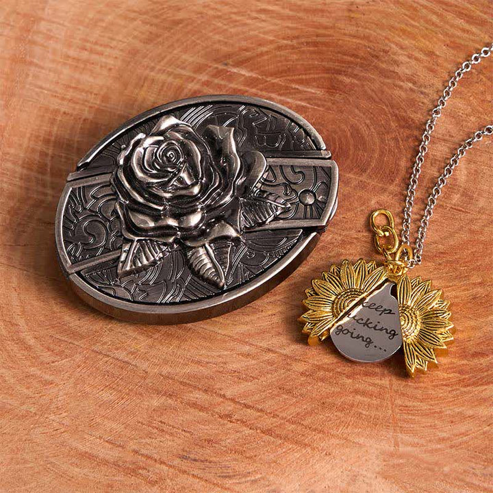 Set di collana con girasole e fibbia per cintura con coltello nascosto in argento fai da te e rosa