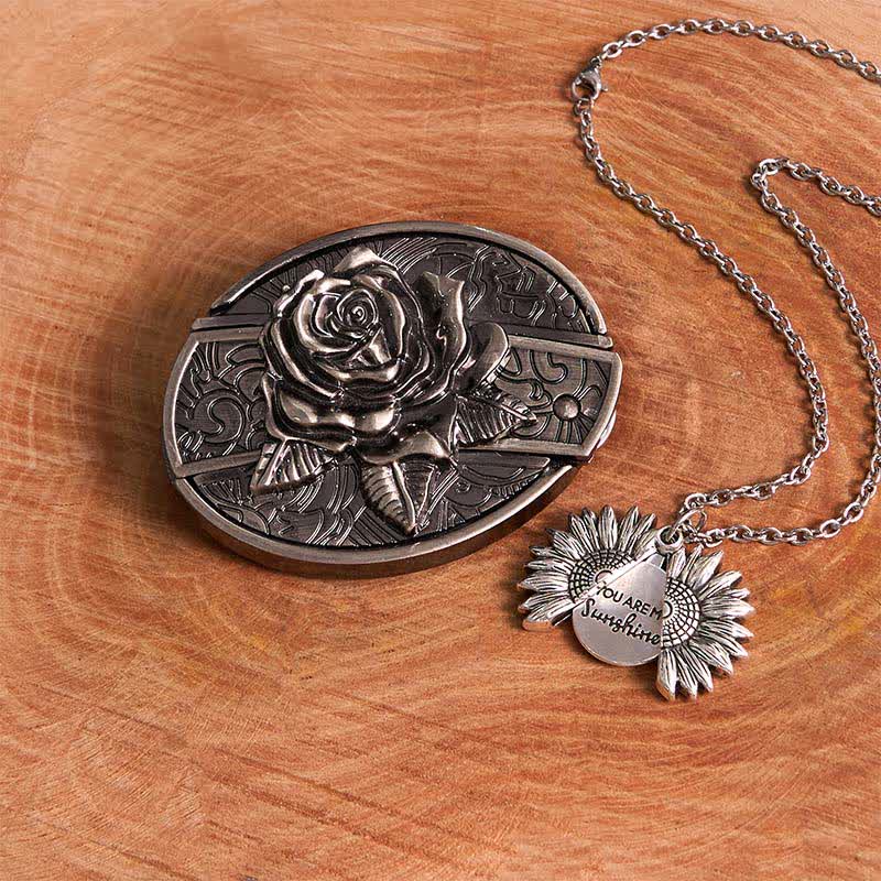 Set di collana con girasole e fibbia per cintura con coltello nascosto in argento fai da te e rosa