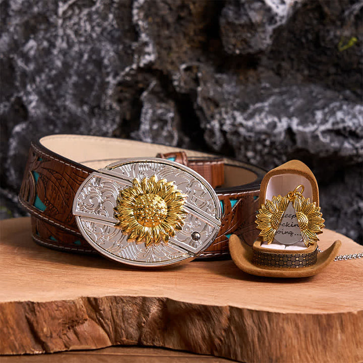 Set di collane con fibbia per cintura e coltello nascosto a tema girasole fai da te in oro e argento