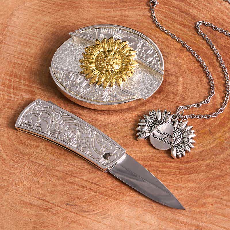 Set di collane con fibbia per cintura e coltello nascosto a tema girasole fai da te in oro e argento