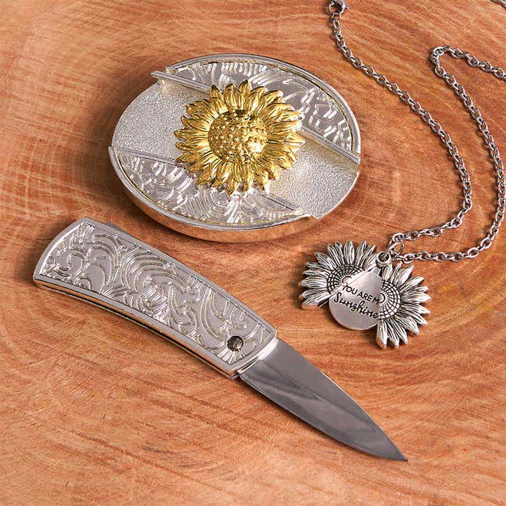 Set di collane con fibbia per cintura e coltello nascosto a tema girasole fai da te in oro e argento