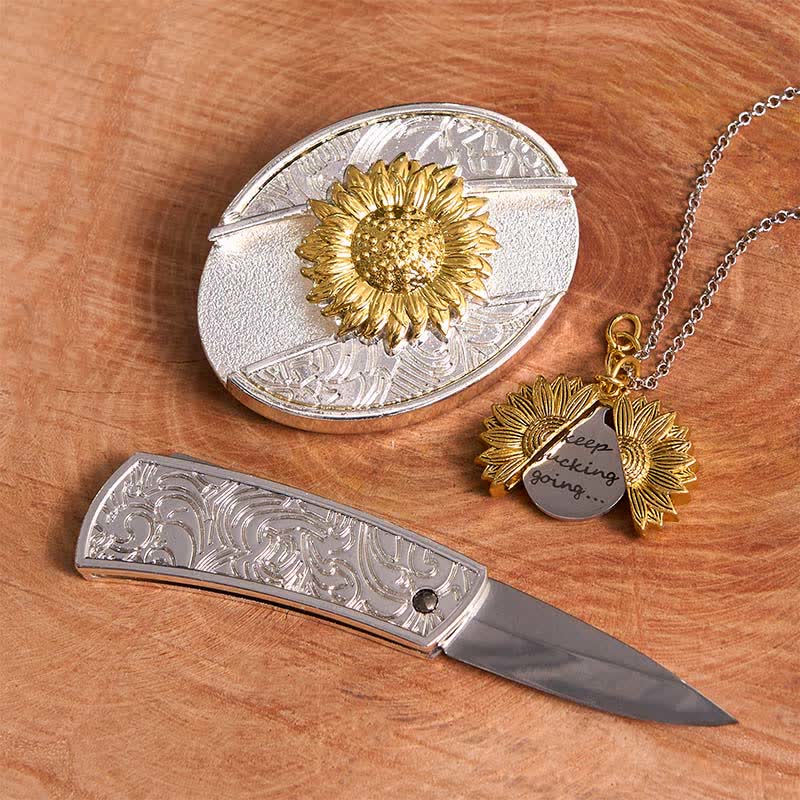 Set di collane con fibbia per cintura e coltello nascosto a tema girasole fai da te in oro e argento