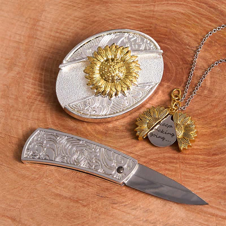 Set di collane con fibbia per cintura e coltello nascosto a tema girasole fai da te in oro e argento