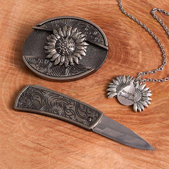 Set di collana con fibbia per cintura e coltello nascosto a tema girasole fai da te in argento