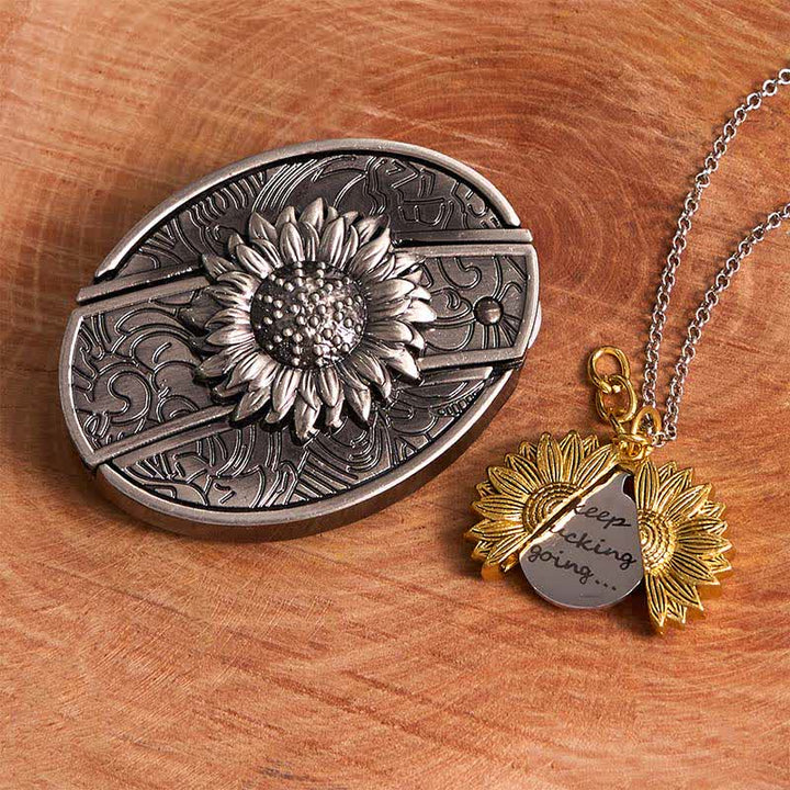 Set di collana con fibbia per cintura e coltello nascosto a tema girasole fai da te in argento