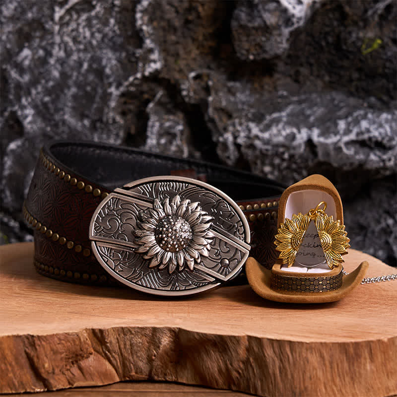 Set di collana con fibbia per cintura e coltello nascosto a tema girasole fai da te in argento