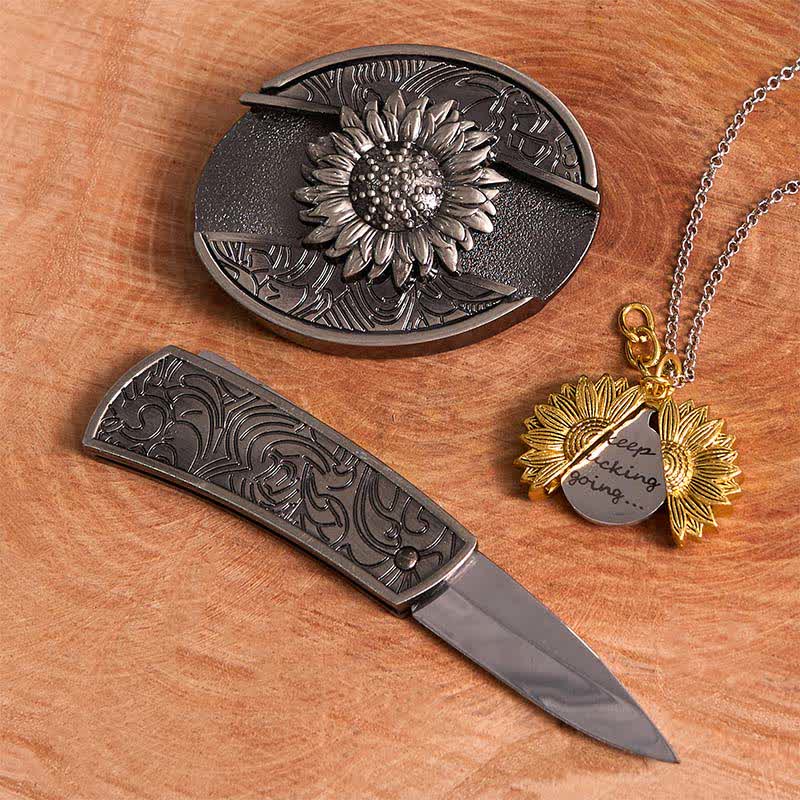Set di collana con fibbia per cintura e coltello nascosto a tema girasole fai da te in argento