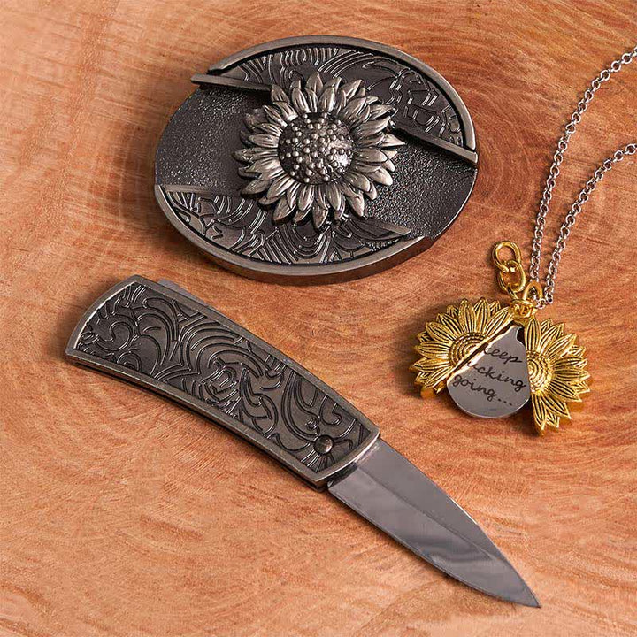 Set di collana con fibbia per cintura e coltello nascosto a tema girasole fai da te in argento