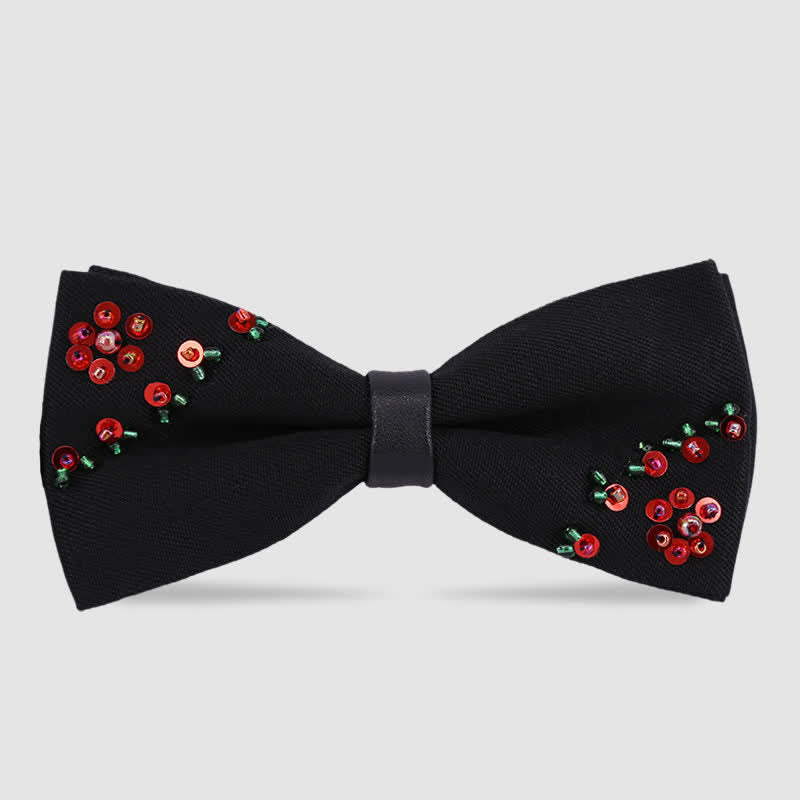 Papillon nero con ricamo di perline a forma di fiore