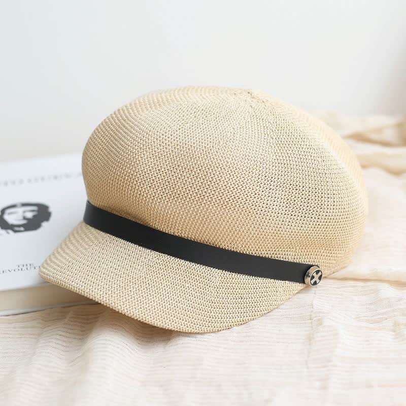 Cappello basco ottagonale in paglia con fascia in pelle nera elegante da donna
