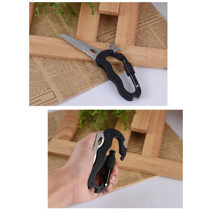 Coltello pieghevole multiuso 5 in 1 con moschettone e fibbia a forma di D