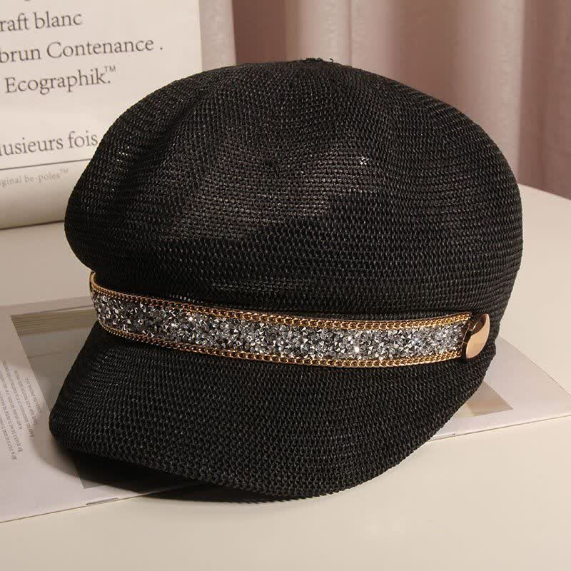 Cappello basco in paglia con catena in oro e strass argentati, elegante da donna
