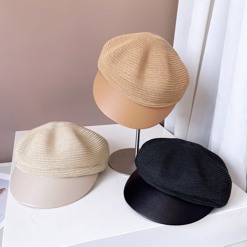 Cappello basco in paglia con visiera in similpelle da donna