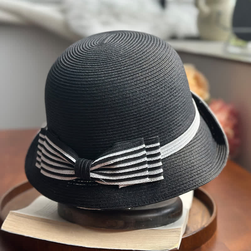 Cappello da spiaggia in paglia con fiocco a righe da donna