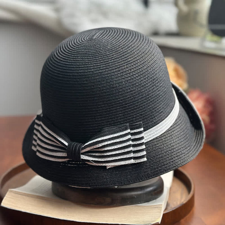 Cappello da spiaggia in paglia con fiocco a righe da donna