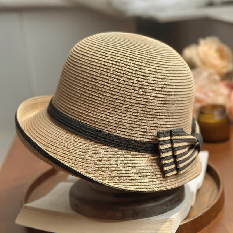 Cappello da spiaggia in paglia con fiocco a righe da donna