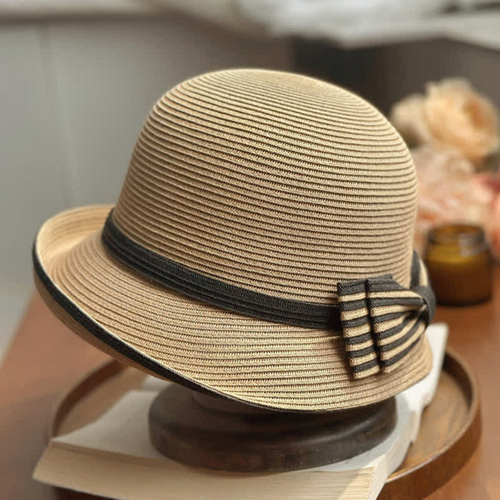 Cappello da spiaggia in paglia con fiocco a righe da donna