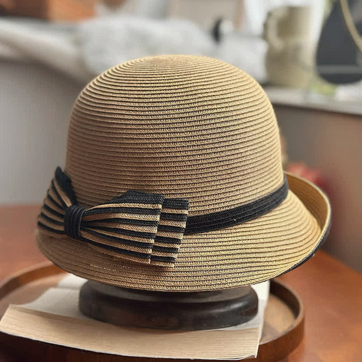 Cappello da spiaggia in paglia con fiocco a righe da donna