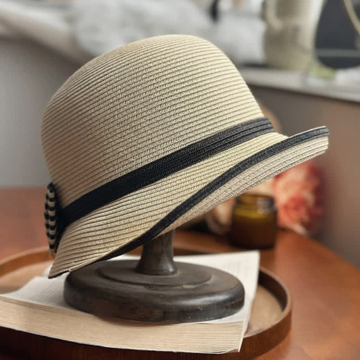 Cappello da spiaggia in paglia con fiocco a righe da donna