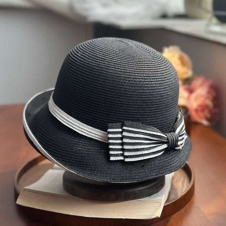 Cappello da spiaggia in paglia con fiocco a righe da donna