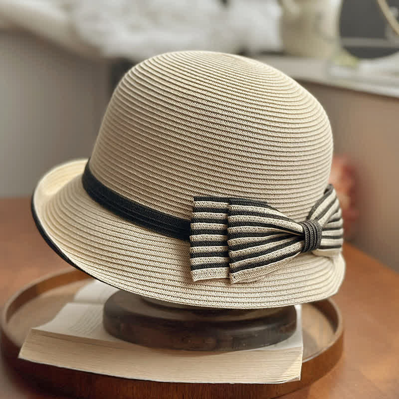 Cappello da spiaggia in paglia con fiocco a righe da donna