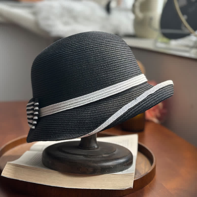 Cappello da spiaggia in paglia con fiocco a righe da donna