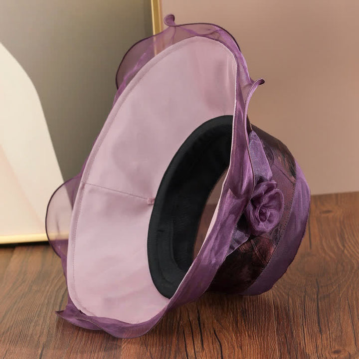 Cappello da sole da donna con bordo in pizzo e decorazioni floreali in vera seta