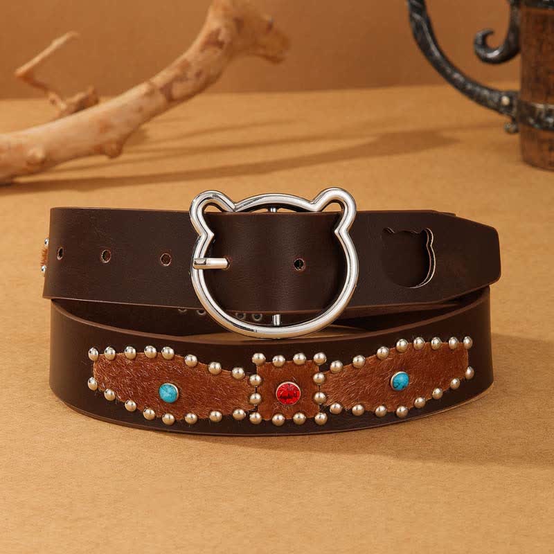 Cintura da donna in pelle con fibbia a forma di orso e borchie in stile bohémien