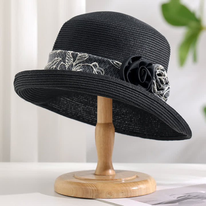 Cappello estivo in paglia con tesa arrotolata, a doppio fiore, da donna