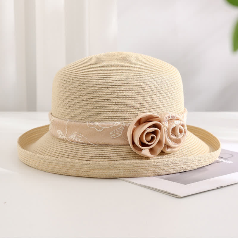 Cappello estivo in paglia con tesa arrotolata, a doppio fiore, da donna