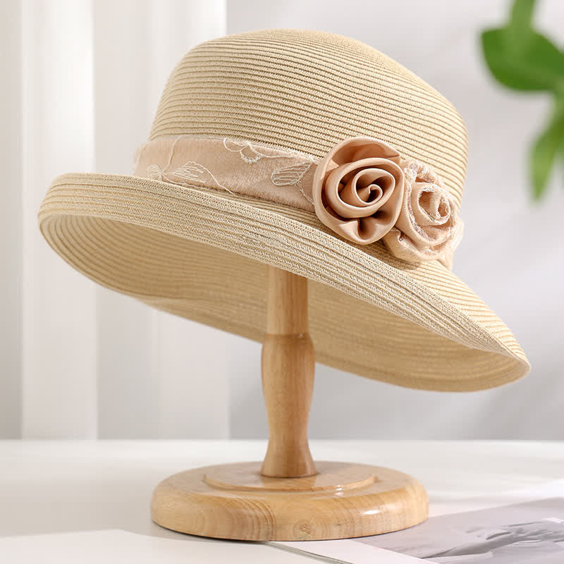 Cappello estivo in paglia con tesa arrotolata, a doppio fiore, da donna