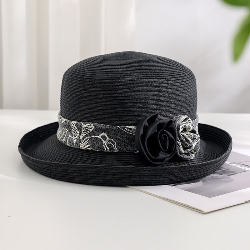 Cappello estivo in paglia con tesa arrotolata, a doppio fiore, da donna