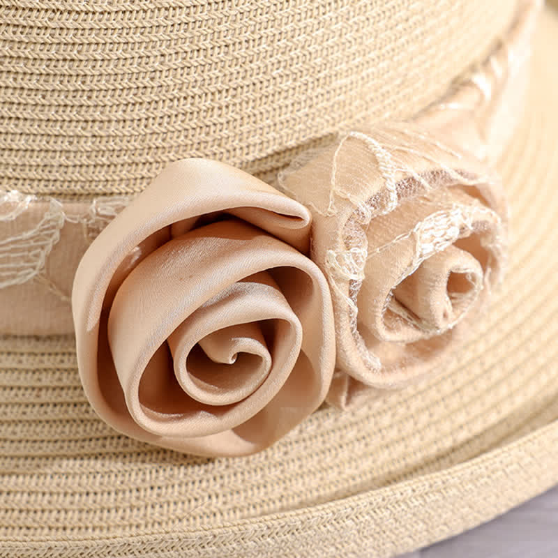 Cappello estivo in paglia con tesa arrotolata, a doppio fiore, da donna