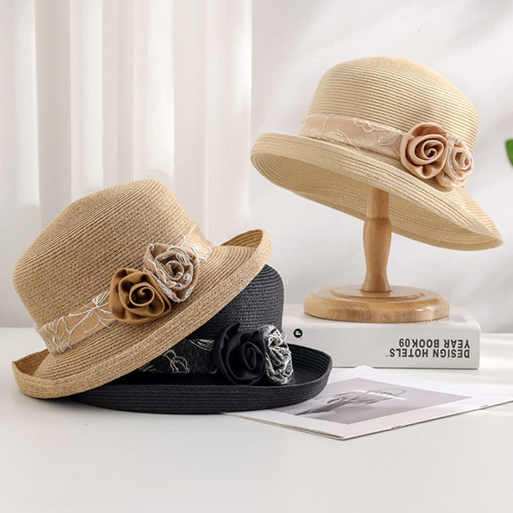 Cappello estivo in paglia con tesa arrotolata, a doppio fiore, da donna