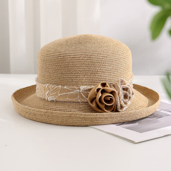 Cappello estivo in paglia con tesa arrotolata, a doppio fiore, da donna