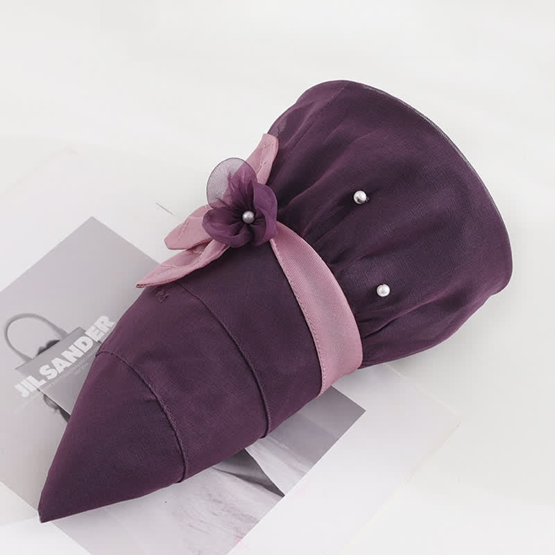 Cappello da sole da donna in seta a tesa larga con motivo floreale decorato con perle
