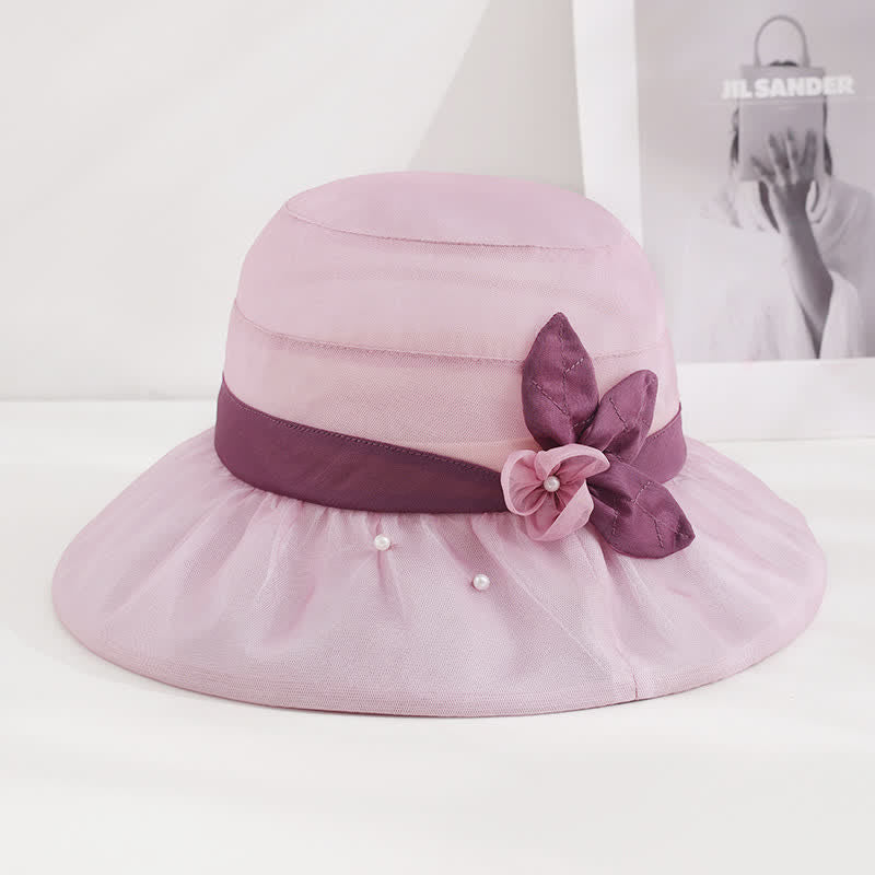 Cappello da sole da donna in seta a tesa larga con motivo floreale decorato con perle