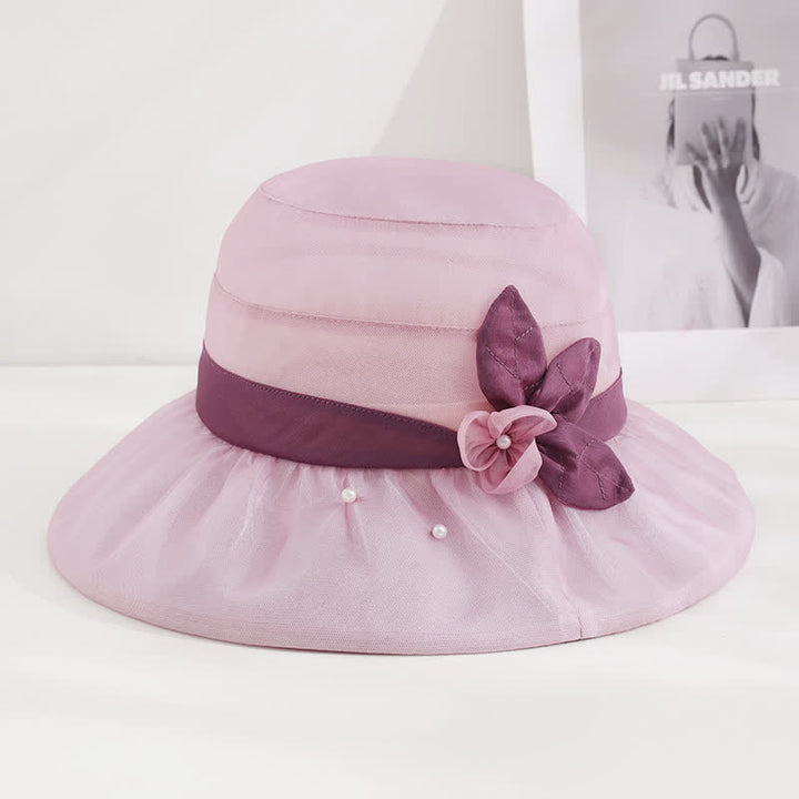 Cappello da sole da donna in seta a tesa larga con motivo floreale decorato con perle