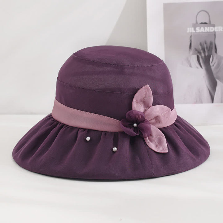 Cappello da sole da donna in seta a tesa larga con motivo floreale decorato con perle