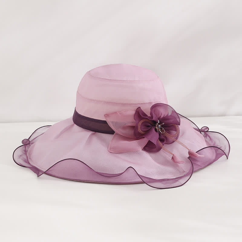 Cappello da sole da donna in seta pieghevole con tesa larga e ondulata e motivo floreale