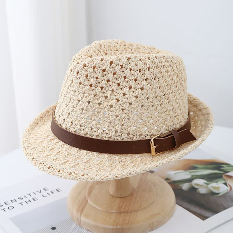 Cappello da uomo in stile classico britannico con cinturino in pelle e paglia Fedora